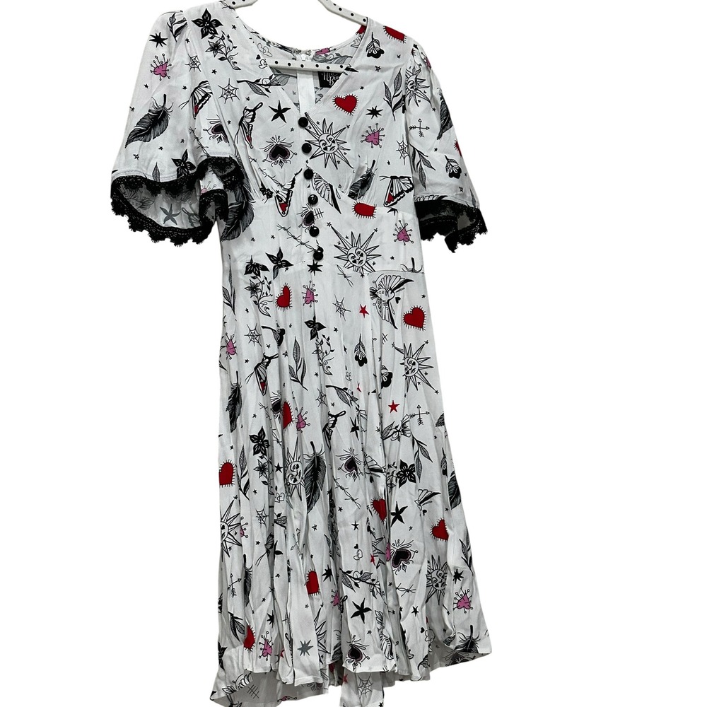 Hell Bunny Avery Dress White Tattoo Print Lace Trim Flutter Sleeve Midi Small - Picture 9 of 12